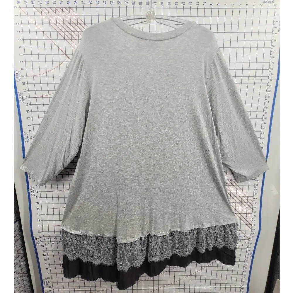 LOGO Lori Goldstein 3X Gray Knit Lace Hem Tunic Boho Layered Lagenlook Style